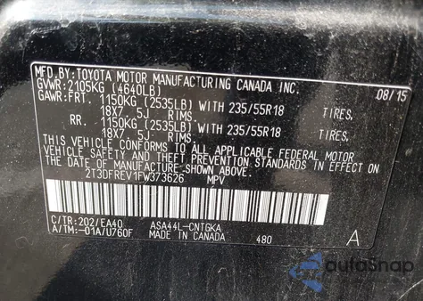 2015 Toyota Rav4 Limited z USA, uszkodzony, nr VIN 2T3DFREV1FW373626